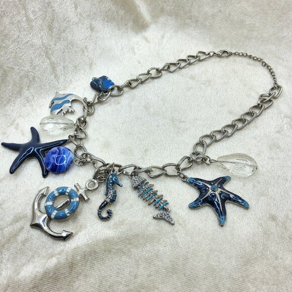 Vintage Silver Tone and Blue Ocean Themed Necklace - Picture 3 of 3